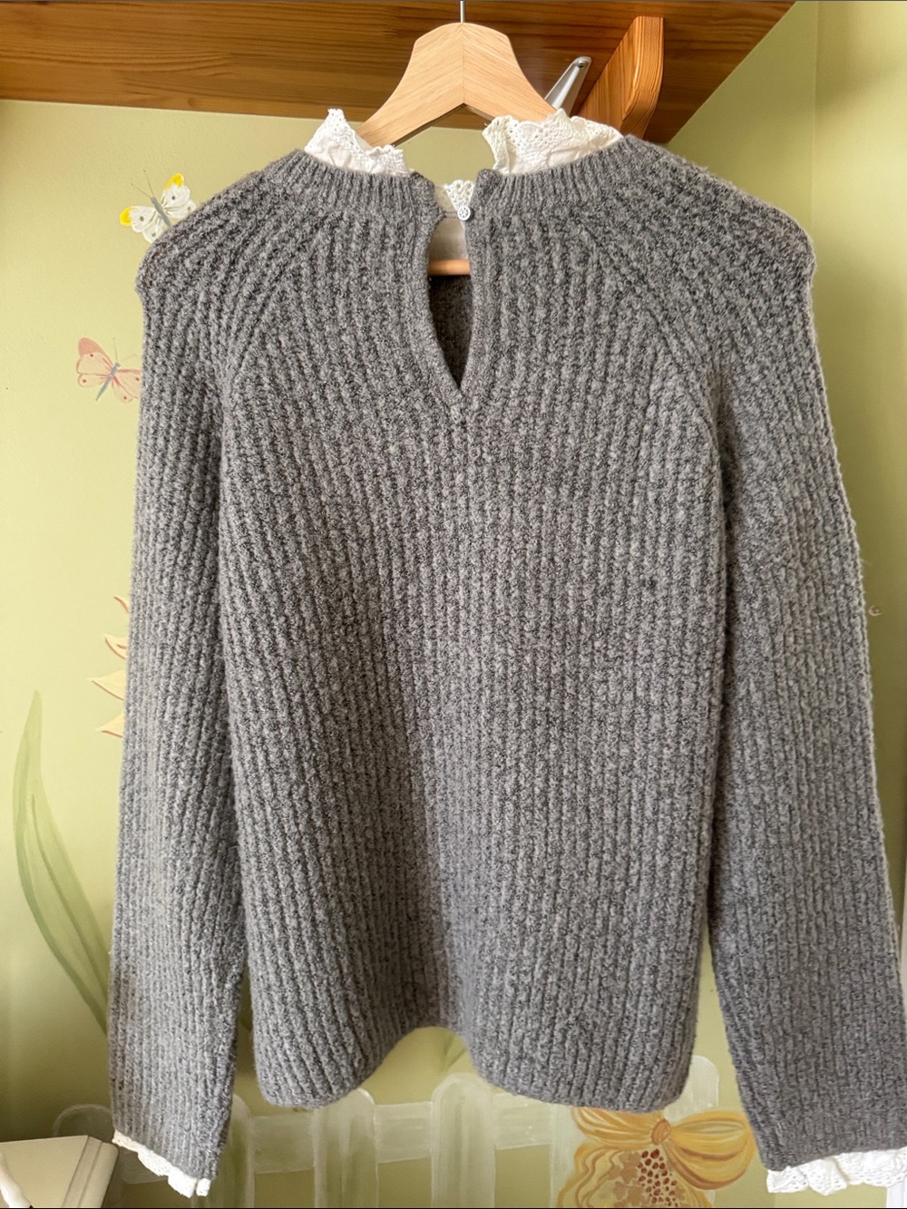 Gray Knit Crewneck Sweater with Lace Trim - Picture 6 of 6